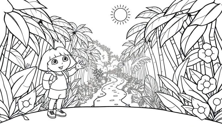 Dora Aventureira em uma página de colorir na selva.