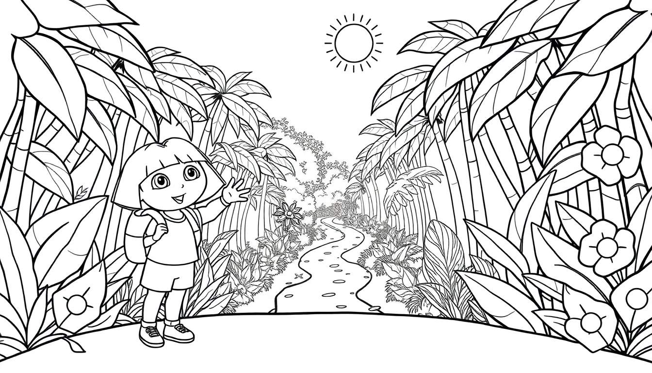 Dora Aventureira em uma página de colorir na selva.