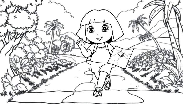 Dora, a Exploradora, sorri e acena enquanto segura um mapa em um caminho tropical. É um desenho em preto e branco com linhas grossas, perfeito para colorir. O color panel está pronto!