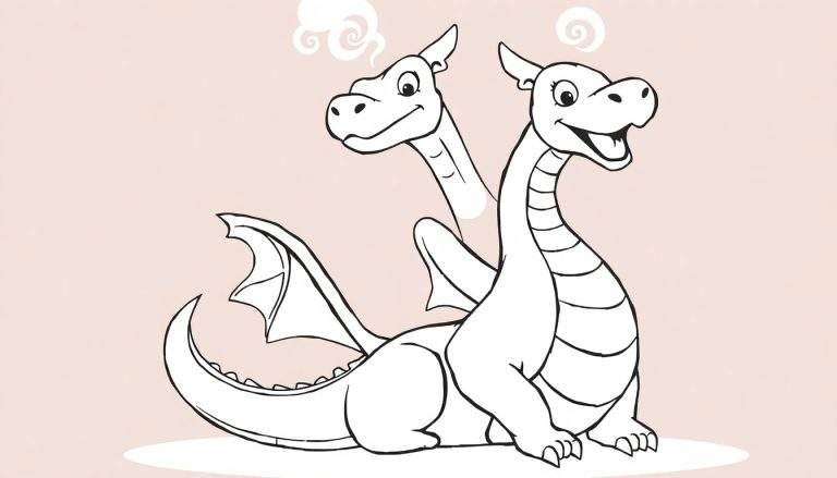 Um dragão de desenho animado com duas cabeças em um fundo rosa, pronto para ser colorido. Color panel.