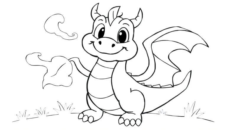 Um dragão amigável em um estilo de colorir, segurando uma folha com um sorriso, em um gramado com uma nuvem ao fundo. Este é um dragão perfeito para o seu color panel.