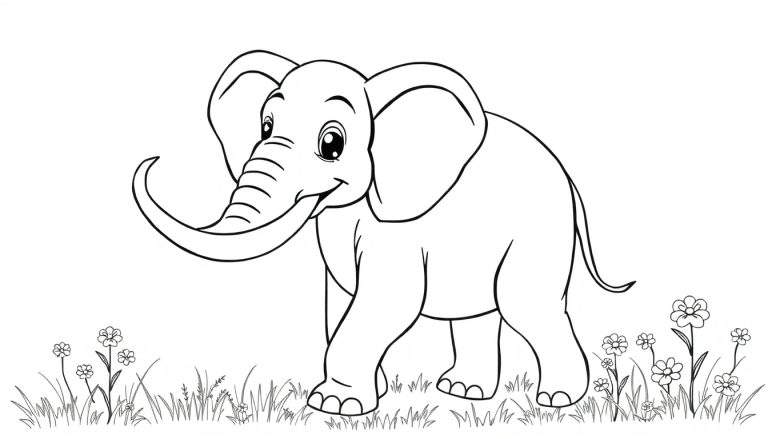 Elefante sorrindo em preto e branco em um campo de flores, para colorir.