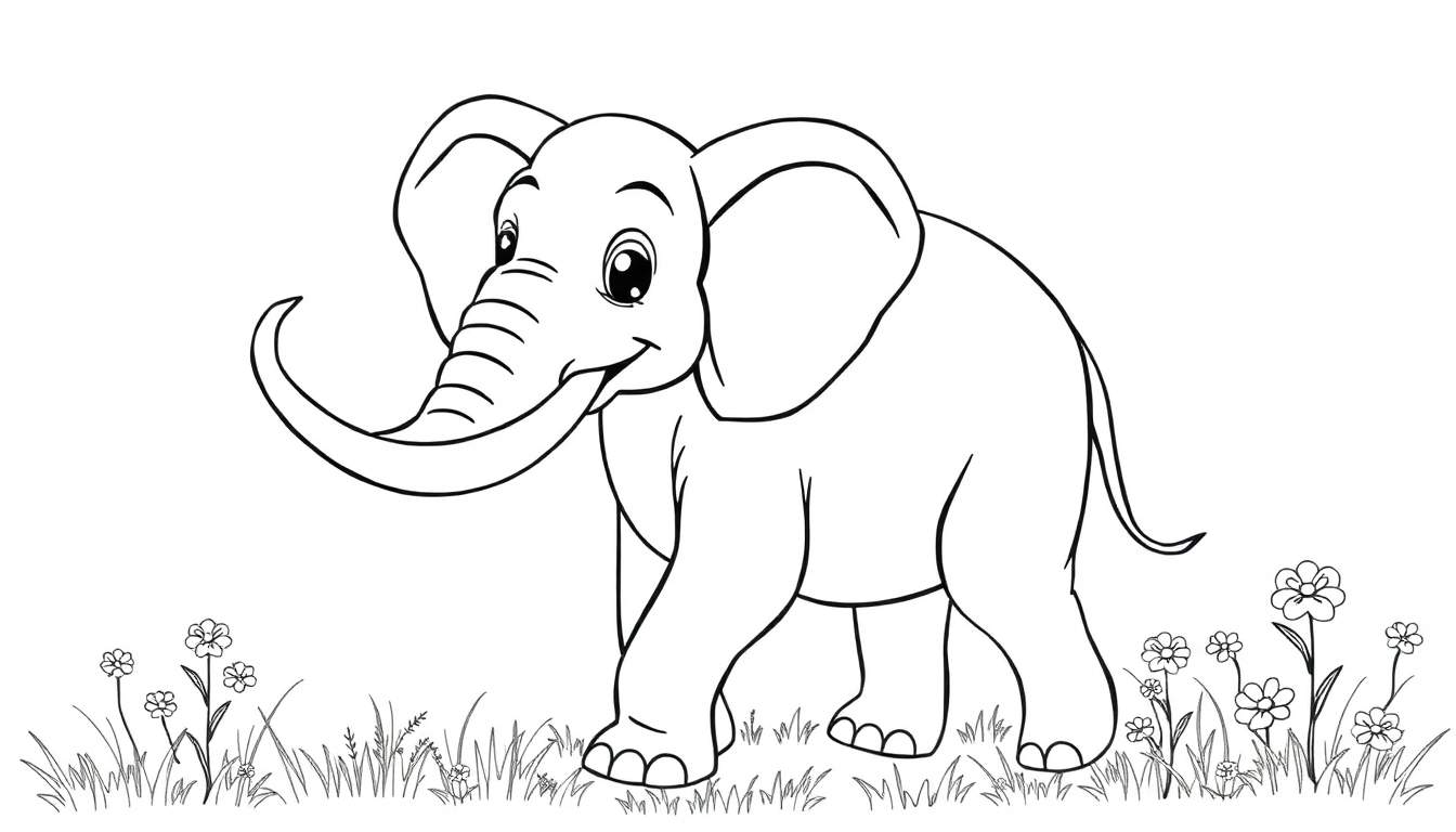 Elefante sorrindo em preto e branco em um campo de flores, para colorir.
