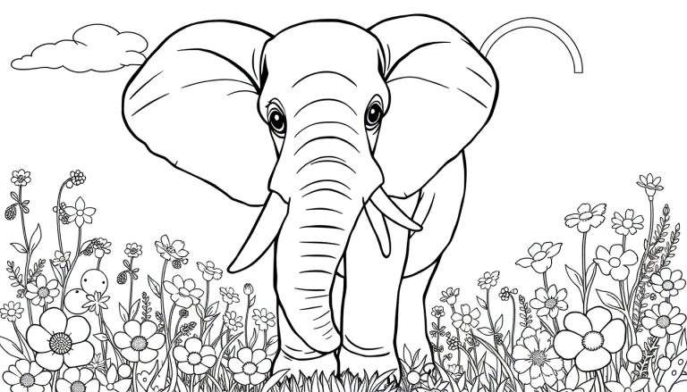 Um desenho a preto e branco de um elefante num campo de flores, como num color panel.