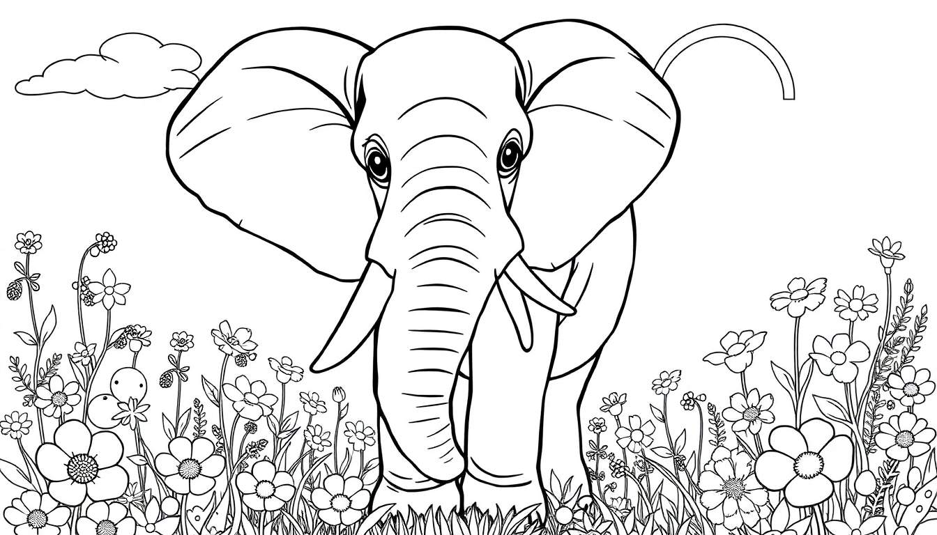 Um desenho a preto e branco de um elefante num campo de flores, como num color panel.