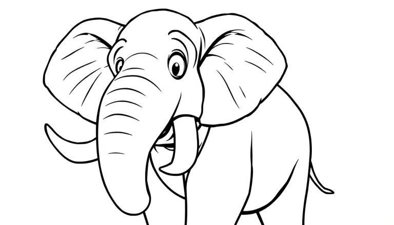 Um desenho em preto e branco de um elefante sorridente com orelhas grandes e a tromba levantada, pronto para ser pintado.