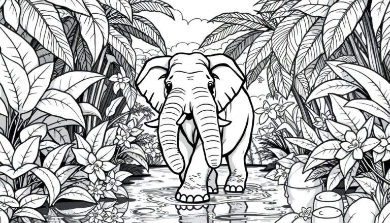 Um desenho em preto e branco de um elefante caminhando em uma selva densa, refletido em uma superfície de água. O estilo é como uma página para colorir com linhas grossas.