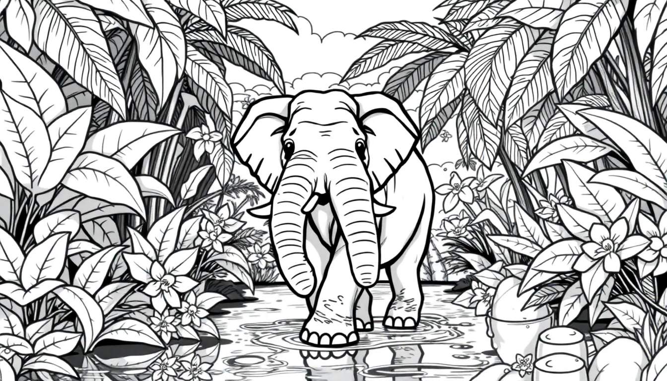 Um desenho em preto e branco de um elefante caminhando em uma selva densa, refletido em uma superfície de água. O estilo é como uma página para colorir com linhas grossas.