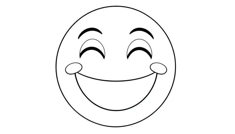 Um emoji preto e branco sorrindo, com olhos semicirculares e covinhas, pronto para ser colorido.