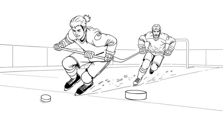 Ilustração de um jogo de hóquei no gelo com dois jogadores em estilo de desenho animado, um a conduzir o disco e outro a segui-lo, com a rede do golo ao fundo.