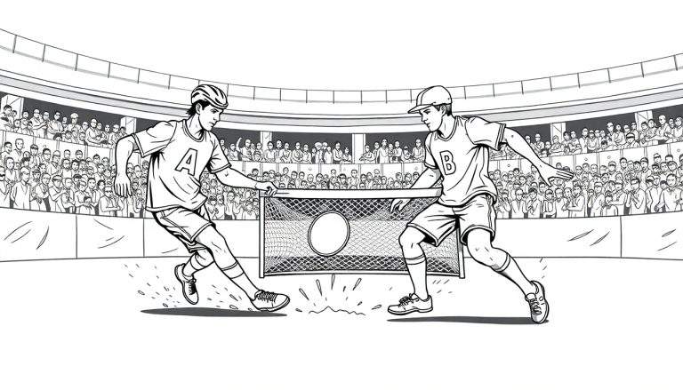 Um desenho em preto e branco de um jogo de hóquei com jogadores correndo no gelo e uma multidão assistindo.