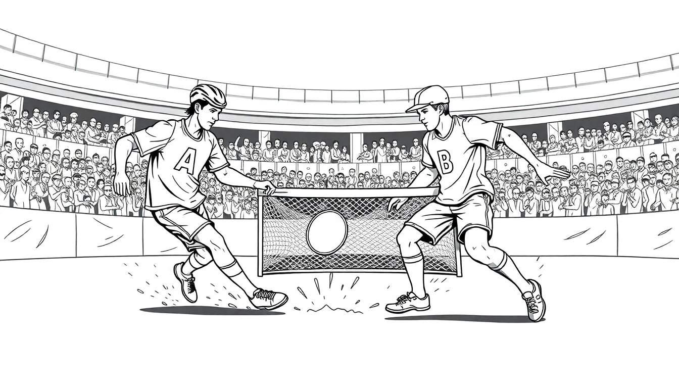 Um desenho em preto e branco de um jogo de hóquei com jogadores correndo no gelo e uma multidão assistindo.