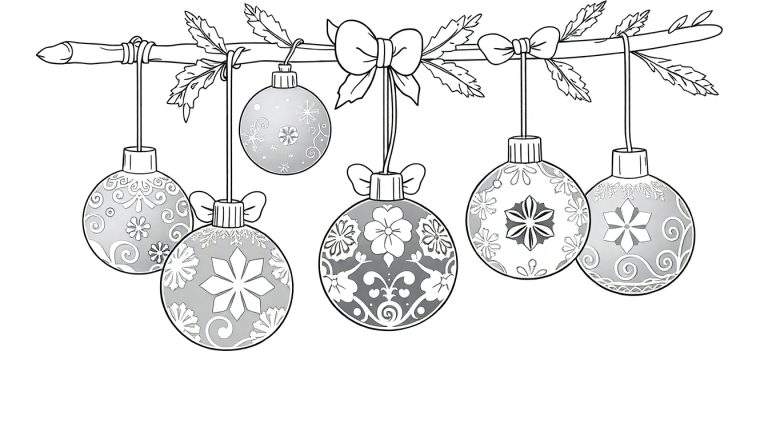 Enfeites de Natal desenhados em preto e branco pendurados em um galho, com flocos de neve, flores e espirais, juntamente com galhos de pinheiro. A imagem apresenta um painel de cores para inspiração.