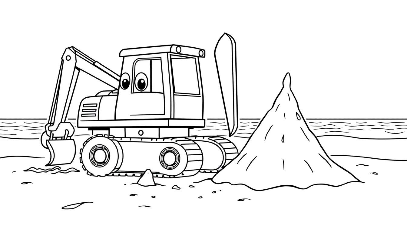 Uma escavadeira amarela de desenho animado com olhos grandes está parada perto de uma pilha de areia na praia. A imagem é em preto e branco, um color panel.