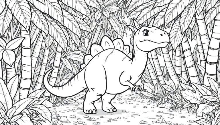 Um desenho em preto e branco de um Estegossauro com placas nas costas em uma floresta jurássica. Um color panel perfeito para se divertir!