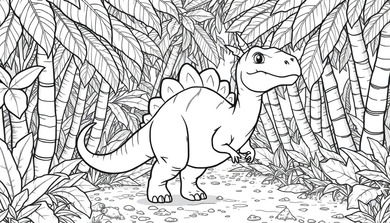 Um desenho em preto e branco de um Estegossauro com placas nas costas em uma floresta jurássica. Um color panel perfeito para se divertir!