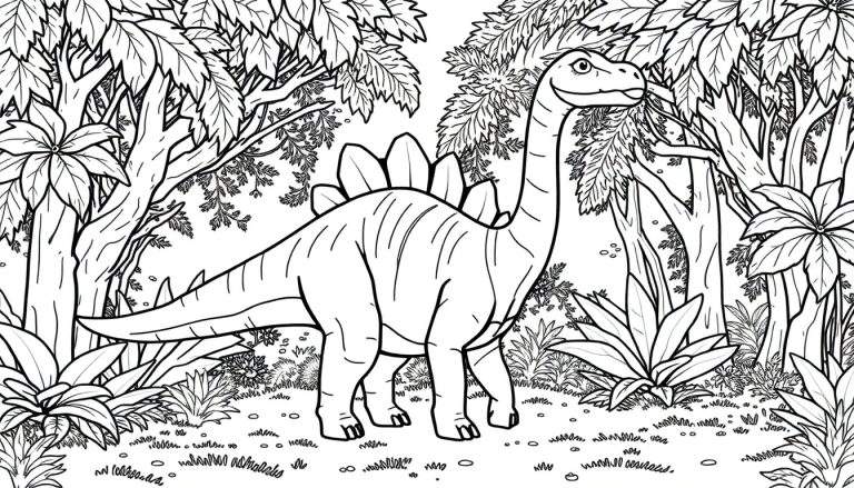 Um desenho linear preto e branco de um estegossauro amigável em uma floresta tropical densa, pronto para colorir.