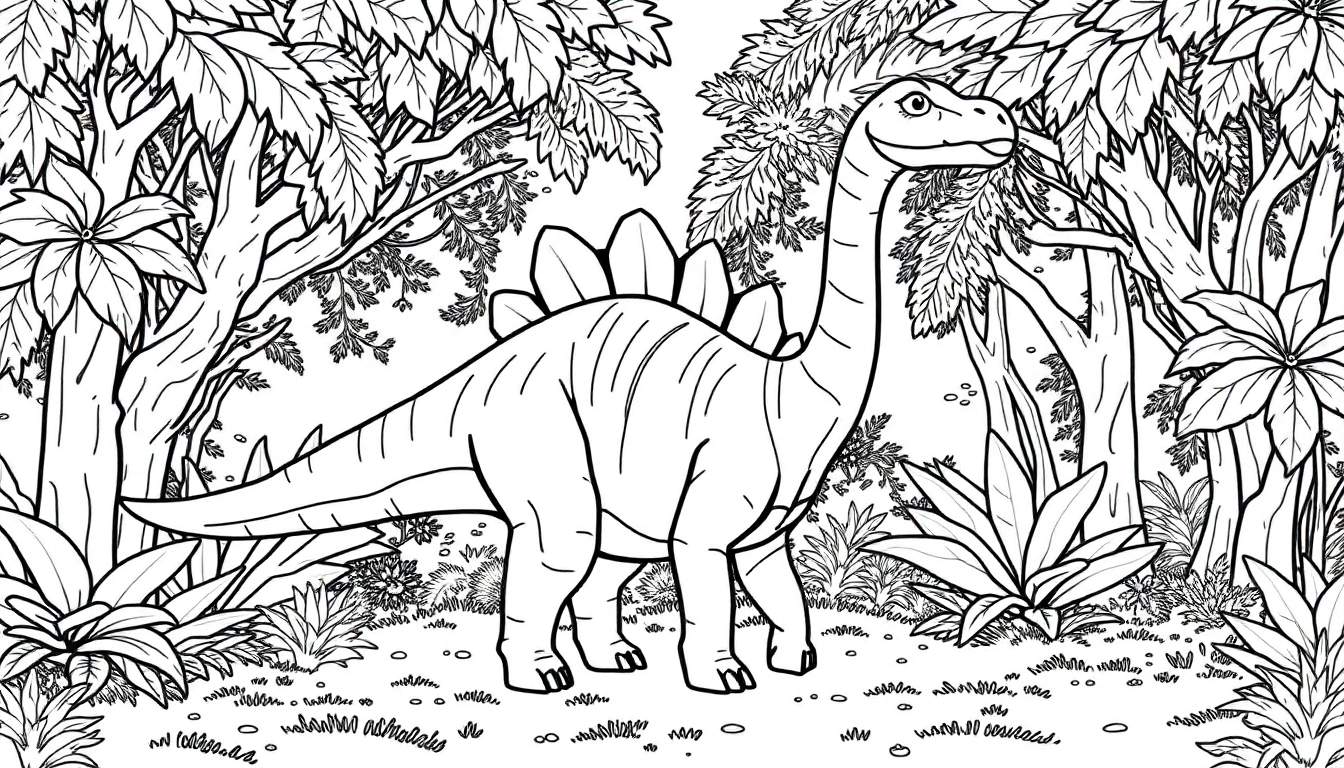 Um desenho linear preto e branco de um estegossauro amigável em uma floresta tropical densa, pronto para colorir.
