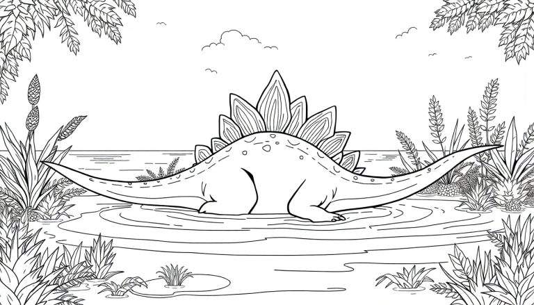 Desenho de linha de um estegossauro em um rio, pronto para colorir, com vegetação ao redor. color panel