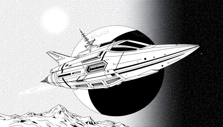 Espaçonave futurista em preto e branco voando perto de um planeta escuro, com um sol brilhante ao fundo.