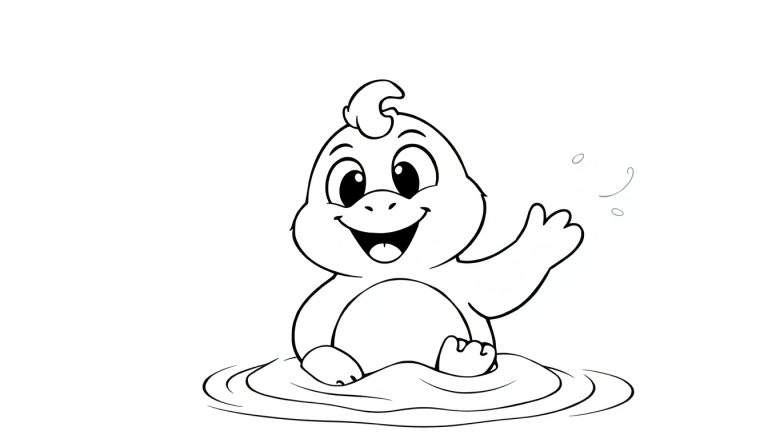 Um pato sorridente acenando na água, com um cacho de cabelo encaracolado no topo da cabeça.