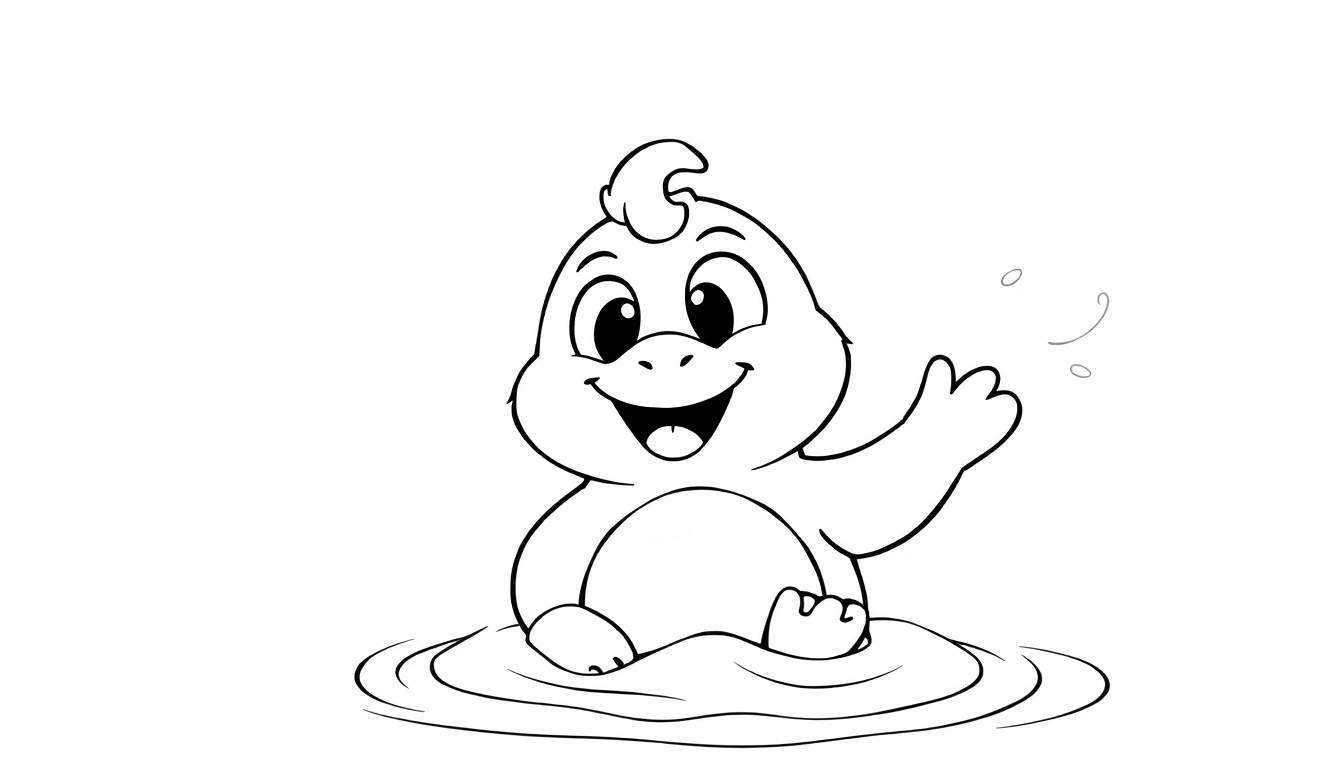 Um pato sorridente acenando na água, com um cacho de cabelo encaracolado no topo da cabeça.