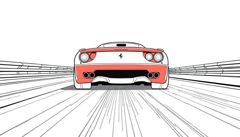 Um carro esportivo Ferrari vermelho e branco, visto de trás, em uma pista de corrida com linhas pretas e brancas. Um color panel com cores vibrantes está ao lado.