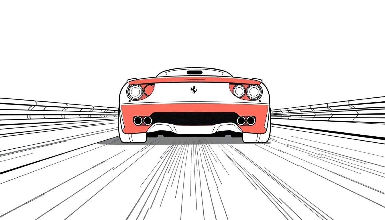 Um carro esportivo Ferrari vermelho e branco, visto de trás, em uma pista de corrida com linhas pretas e brancas. Um color panel com cores vibrantes está ao lado.