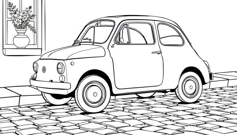 Um pequeno carro clássico, como um Fiat 500, desenhado em preto e branco, pronto para colorir, estacionado numa rua de pedra. Ao fundo, uma janela com flores. Ideal para um color panel.