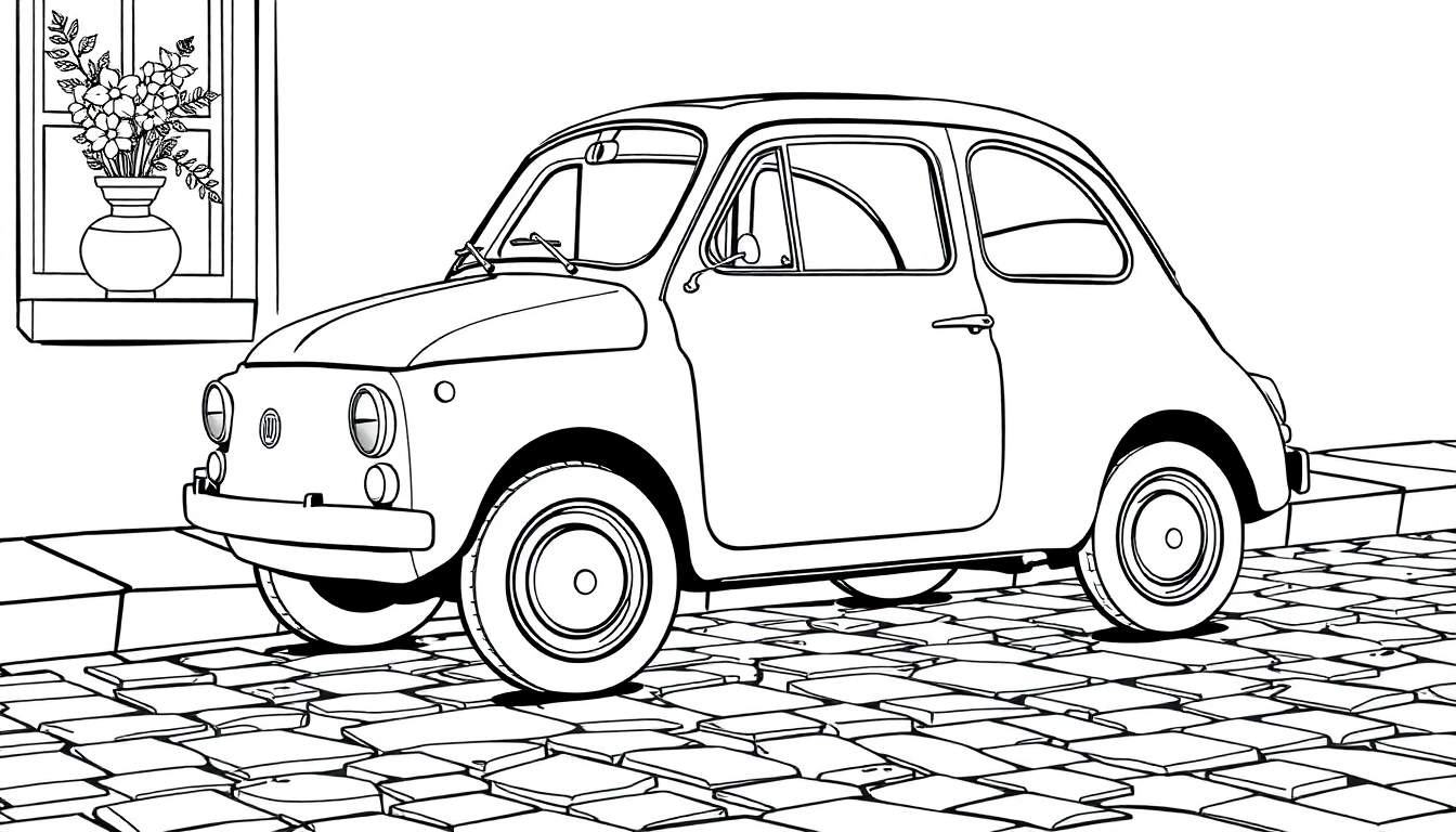 Um pequeno carro clássico, como um Fiat 500, desenhado em preto e branco, pronto para colorir, estacionado numa rua de pedra. Ao fundo, uma janela com flores. Ideal para um color panel.
