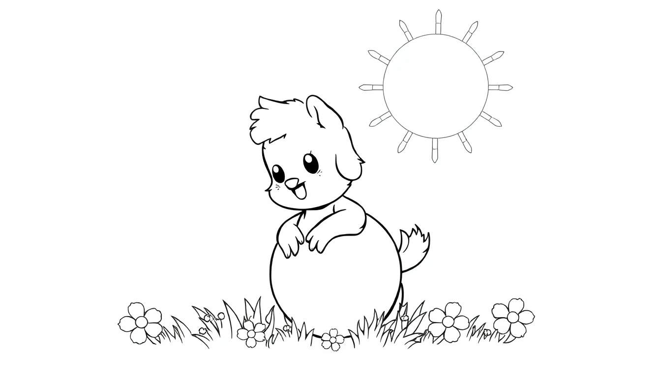 Um filhote fofo em um campo florido com um sol sorridente, pronto para colorir. Um color panel divertido!