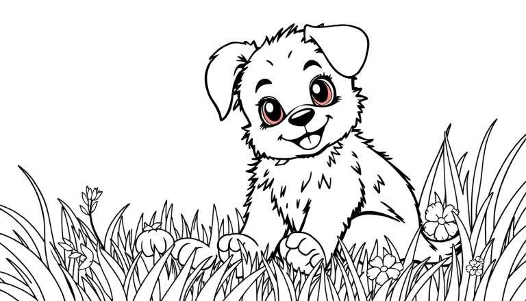 Um filhote de cachorro desenhado em preto e branco, sentado em grama alta com flores, sorrindo com orelhas caídas, pronto para colorir.