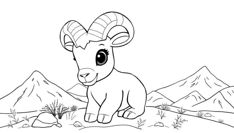 Um desenho a preto e branco de um filhote de carneiro bighorn sentado em terreno rochoso com montanhas ao fundo, como um color panel.