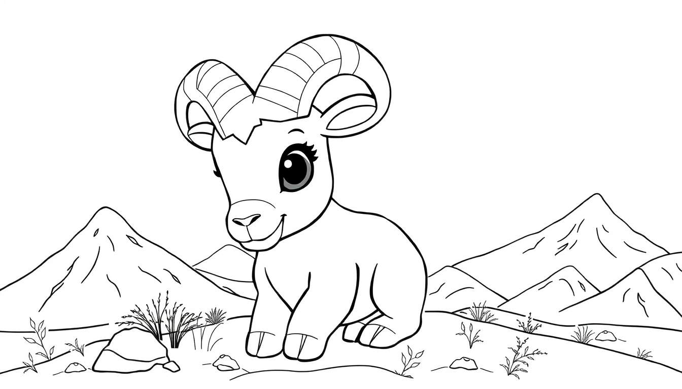Um desenho a preto e branco de um filhote de carneiro bighorn sentado em terreno rochoso com montanhas ao fundo, como um color panel.