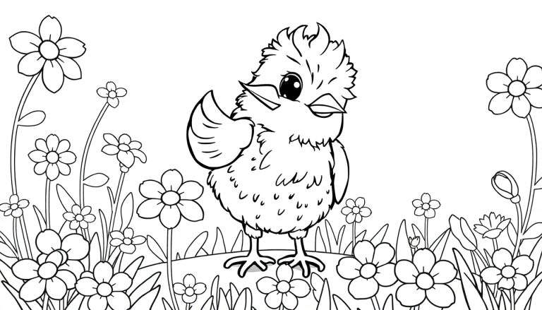 Filhote de galinha adorável acenando em um campo de flores, pronto para colorir, parte de um color panel.