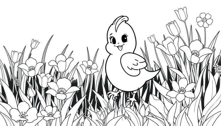 Desenho para colorir de um filhote de passarinho com a língua para fora, rodeado por tulipas e flores, em um color panel.
