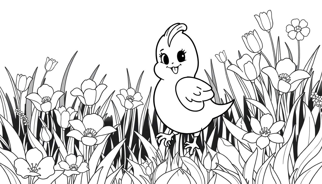 Desenho para colorir de um filhote de passarinho com a língua para fora, rodeado por tulipas e flores, em um color panel.