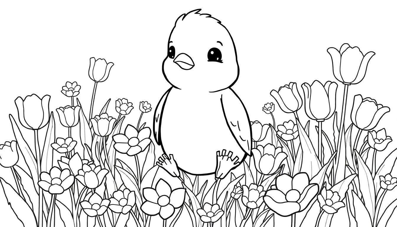 Um filhote de pássaro em preto e branco, com grandes olhos redondos, sentado em um campo de flores. Desenho para colorir.