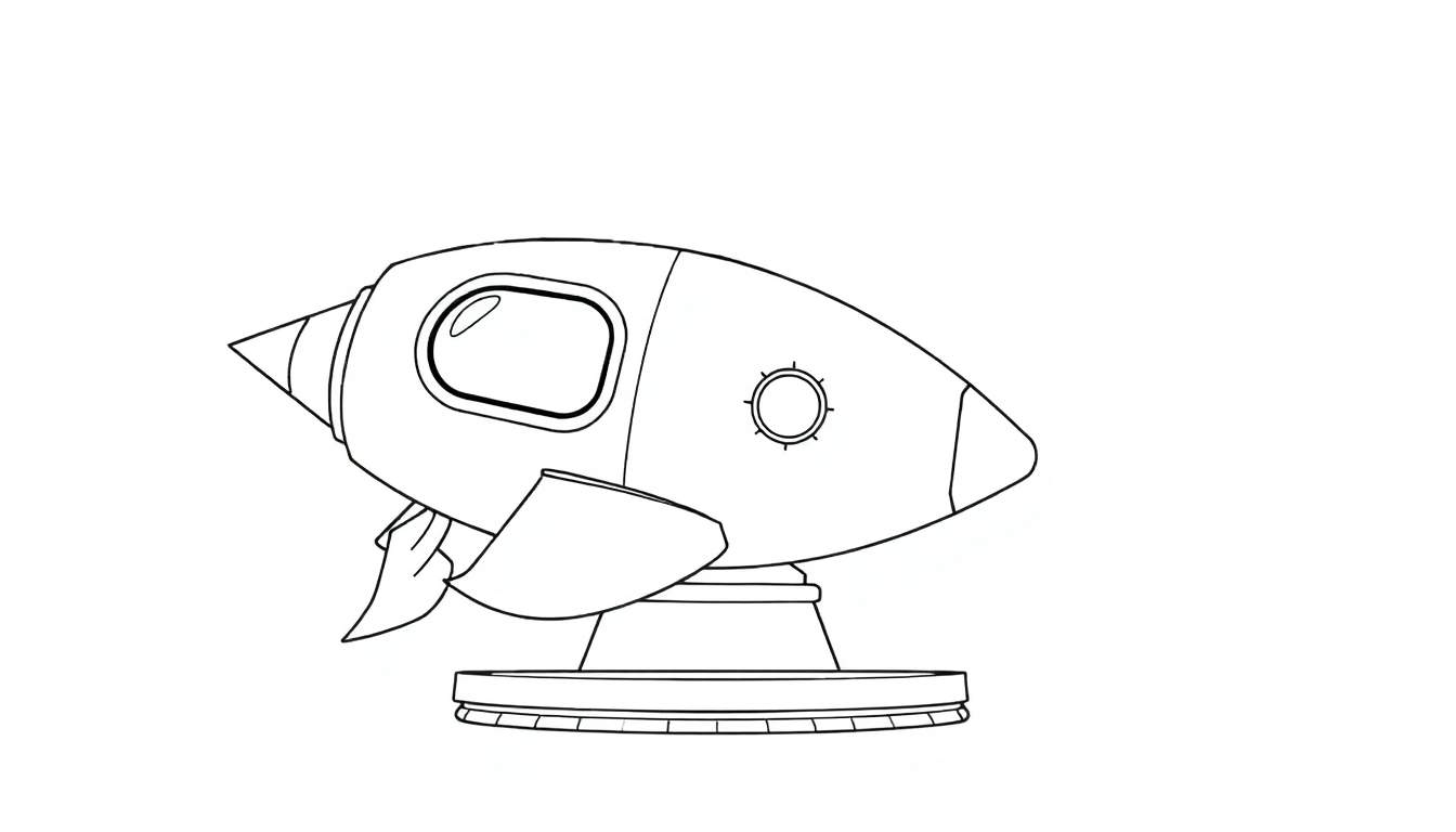 Desenho em preto e branco de um foguete com janela, ponta cônica, turbina lateral e base circular, pronto para aventuras espaciais. Inclui um color panel.