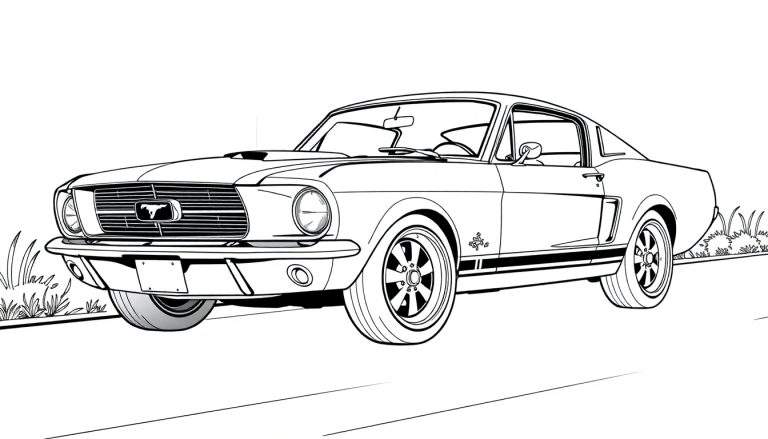 Um desenho a preto e branco de um Ford Mustang clássico estacionado numa estrada com vegetação, pronto para ser colorido, apresentado como um color panel.