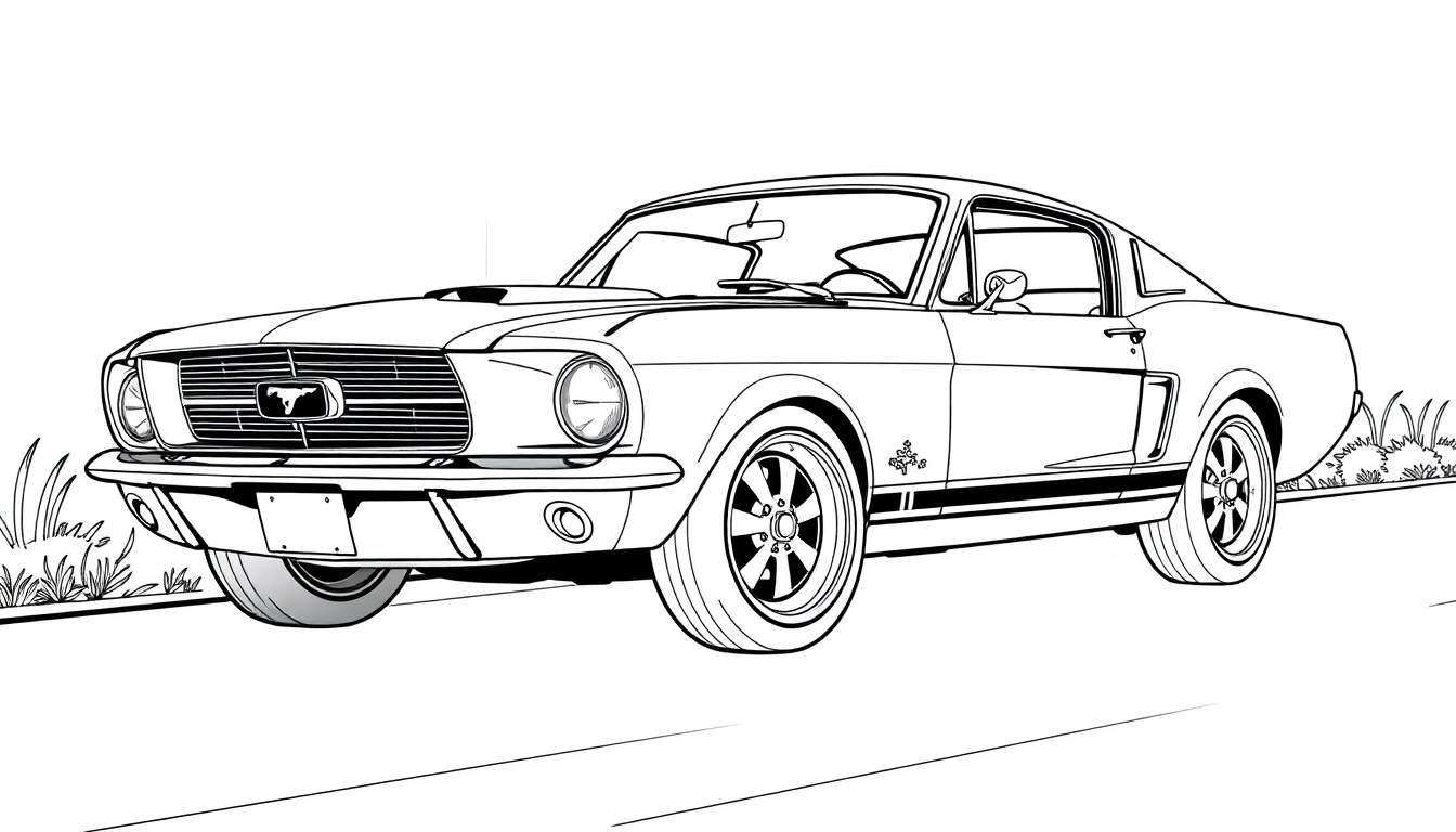 Um desenho a preto e branco de um Ford Mustang clássico estacionado numa estrada com vegetação, pronto para ser colorido, apresentado como um color panel.