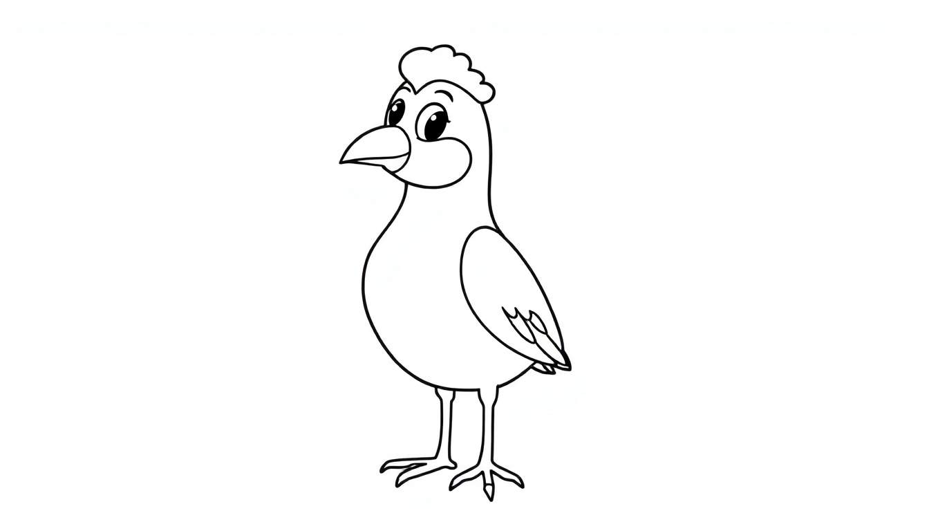 Um desenho de um frango em preto e branco, pronto para ser colorido, com um color panel que espera a sua criatividade.