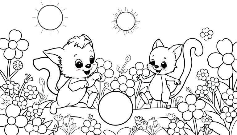Dois gatinhos a brincar num jardim de flores, com dois sóis no céu, num desenho a preto e branco, pronto para ser colorido.