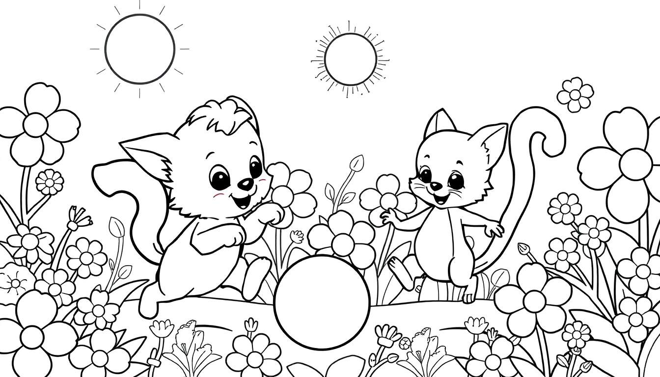 Dois gatinhos a brincar num jardim de flores, com dois sóis no céu, num desenho a preto e branco, pronto para ser colorido.