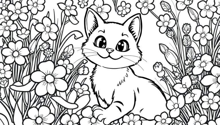 Um gato fofo em preto e branco sentado num jardim de flores, pronto para ser colorido. Um color panel para diversão!