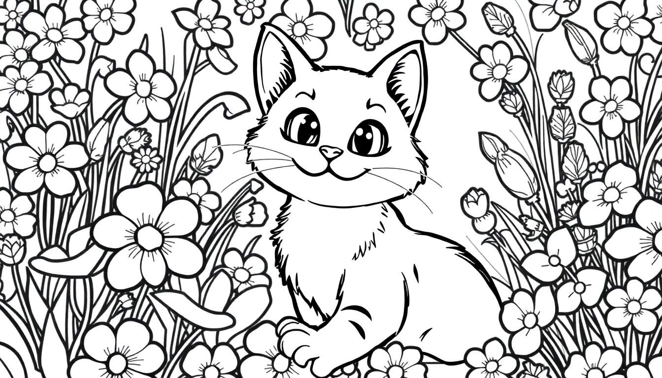 Um gato fofo em preto e branco sentado num jardim de flores, pronto para ser colorido. Um color panel para diversão!