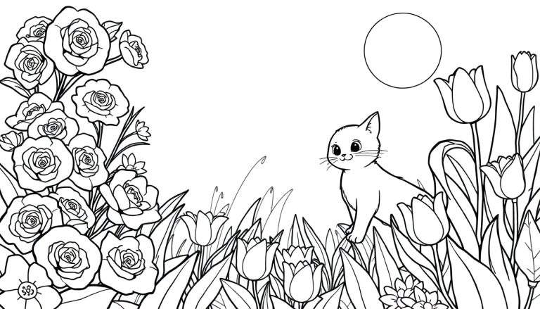 Um gato preto e branco em um color panel de jardim florido sob a lua.