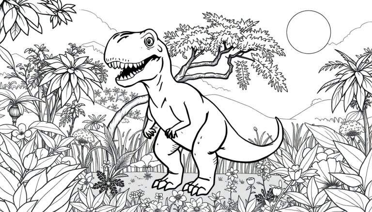 Um T-Rex rugindo em um desenho em preto e branco de uma floresta com um color panel vibrante.