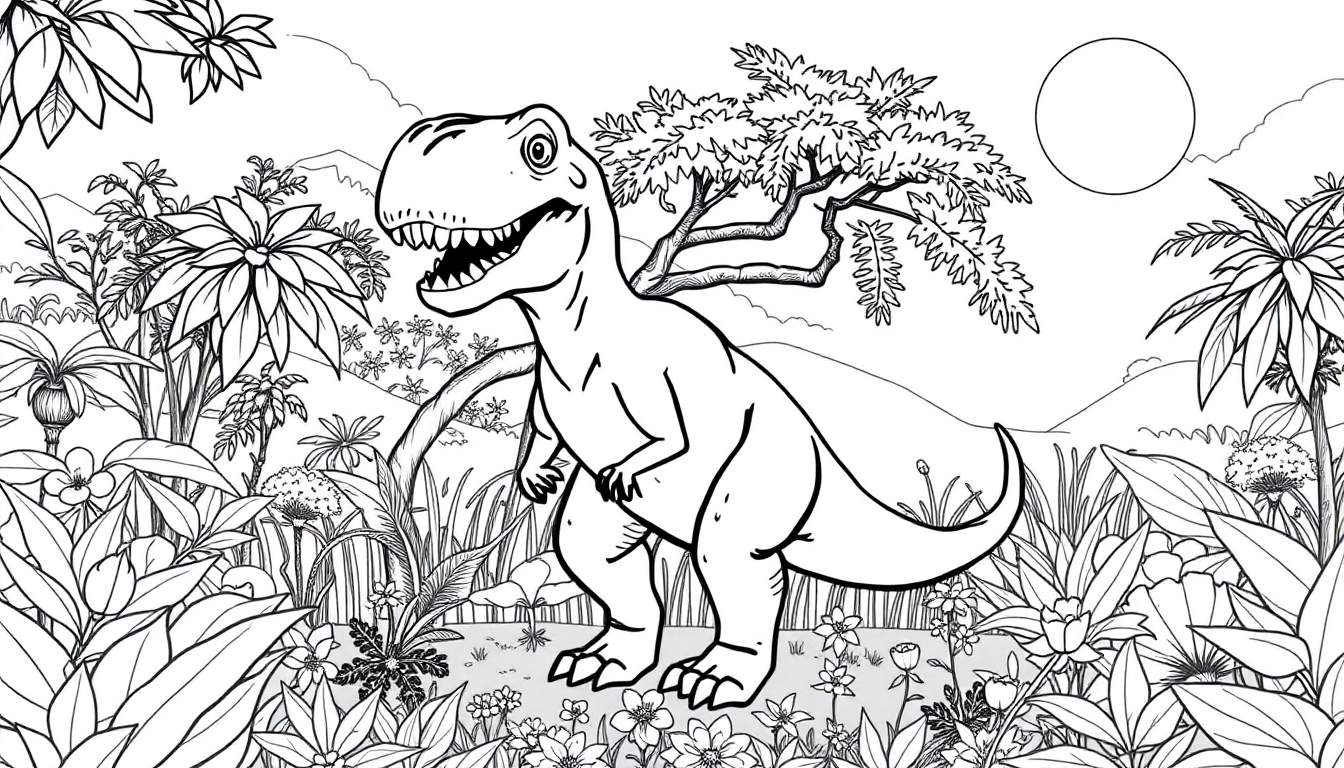 Um T-Rex rugindo em um desenho em preto e branco de uma floresta com um color panel vibrante.