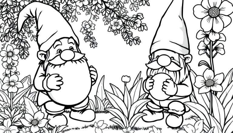 Desenho em preto e branco de dois gnomos de jardim felizes em um jardim florido, com flores e folhas vibrantes. Um color panel animado!